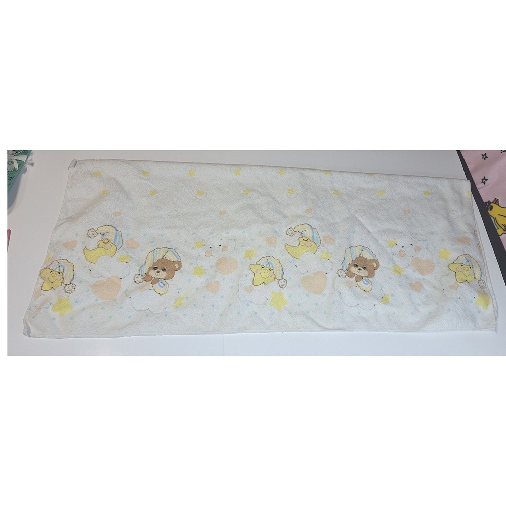 Vintage Riegel Baby Blanket 100% Cotton Sleepy Bear Moon Star Pastel White 30x40 - Picture 2 of 7